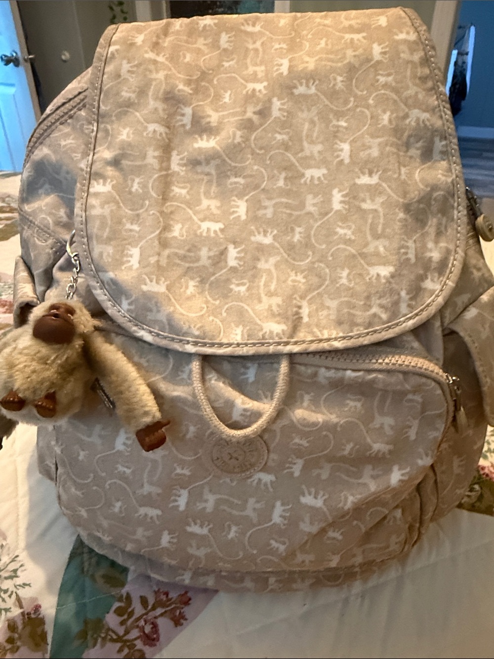 Kipling Beige Kids Backpack with Monkey Print and Plush Keychain